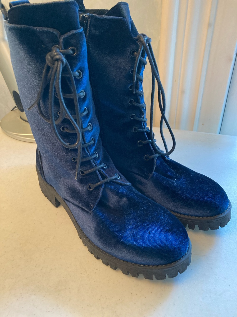 Unlace Made in Italy Velvet Lace-Up Combat Boots - Deep Blue NWOT